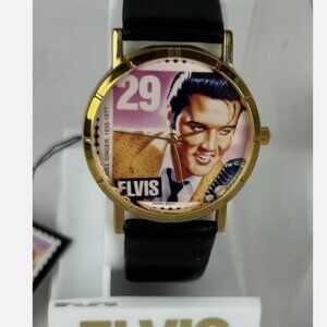 Vtg Elvis Presley Postage Stamp Watch Black Leather Band Unworn Needs Battery